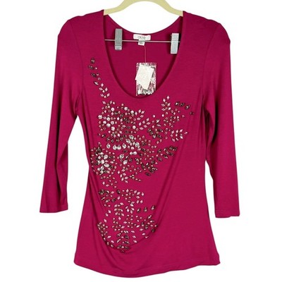 NWT Cach e Magenta Gem Embroidered 3/4 Sleeve Stretch Top sz Small Glam