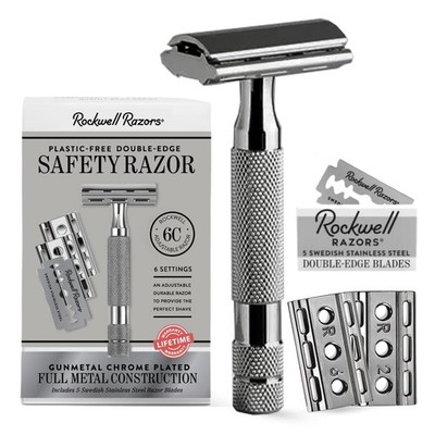 6C Gunmetal Chrome Safety Razor With 6 Adjustable Shave Settings and 5 Fully ...