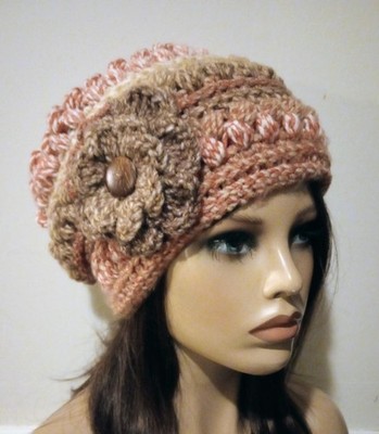 crochet handmade womans chunky flower hat beanie kickball  puffs new