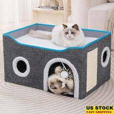 2-in-1 Cat House W/ Scratch Pad  Reversible Sleeping Mats Indoor Cats New