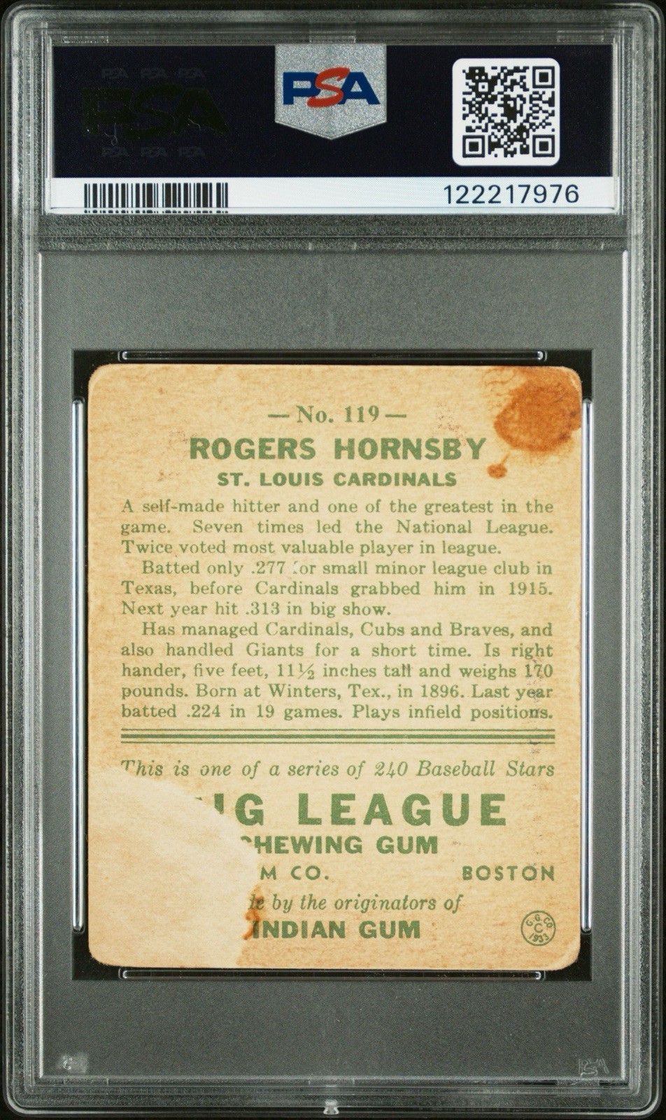 1933 Goudey # 119 Rogers Hornsby PSA 1 (mk) view 2