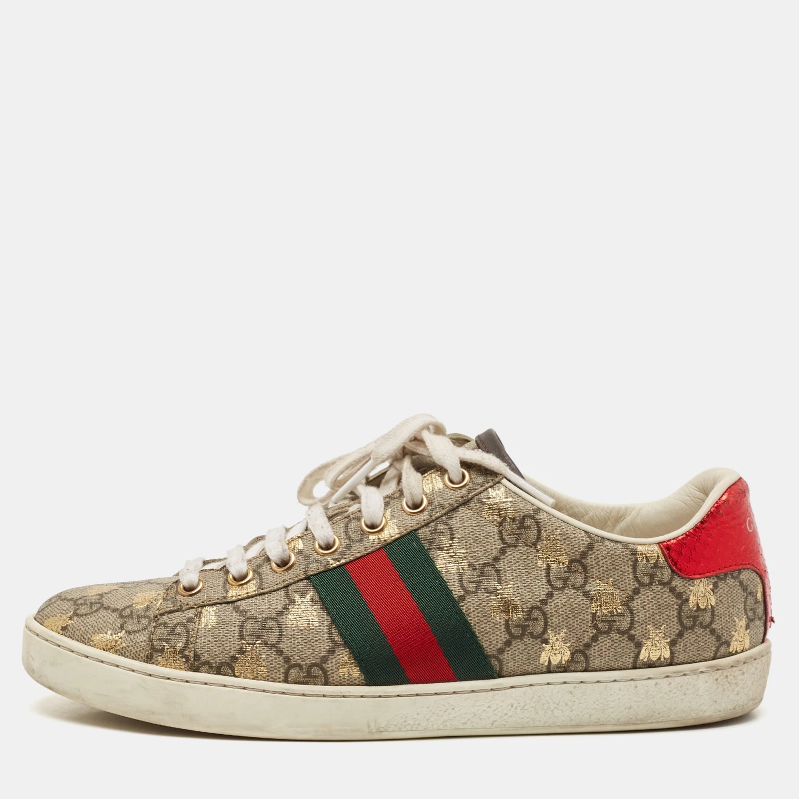 Baskets à lacets Gucci marron/beige GG Supreme toile Ace Bee pointure 37,5