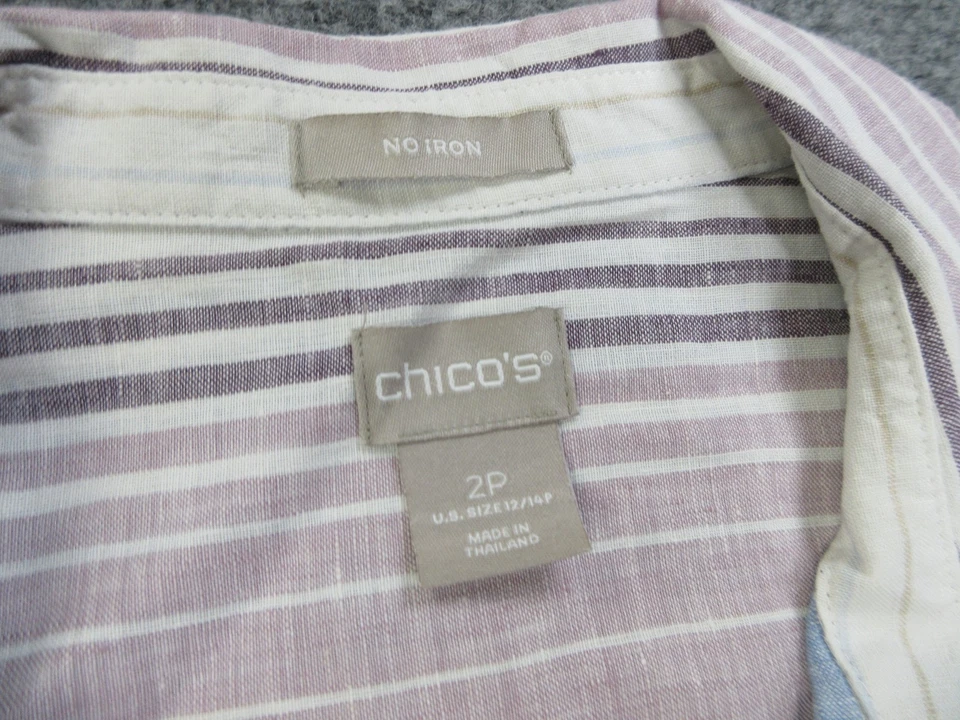 Camisa Chicos Feminina 2 Pequena Azul Roxa Branca Listrada Linho Botão Sem Ferro - Imagem 4 de 4