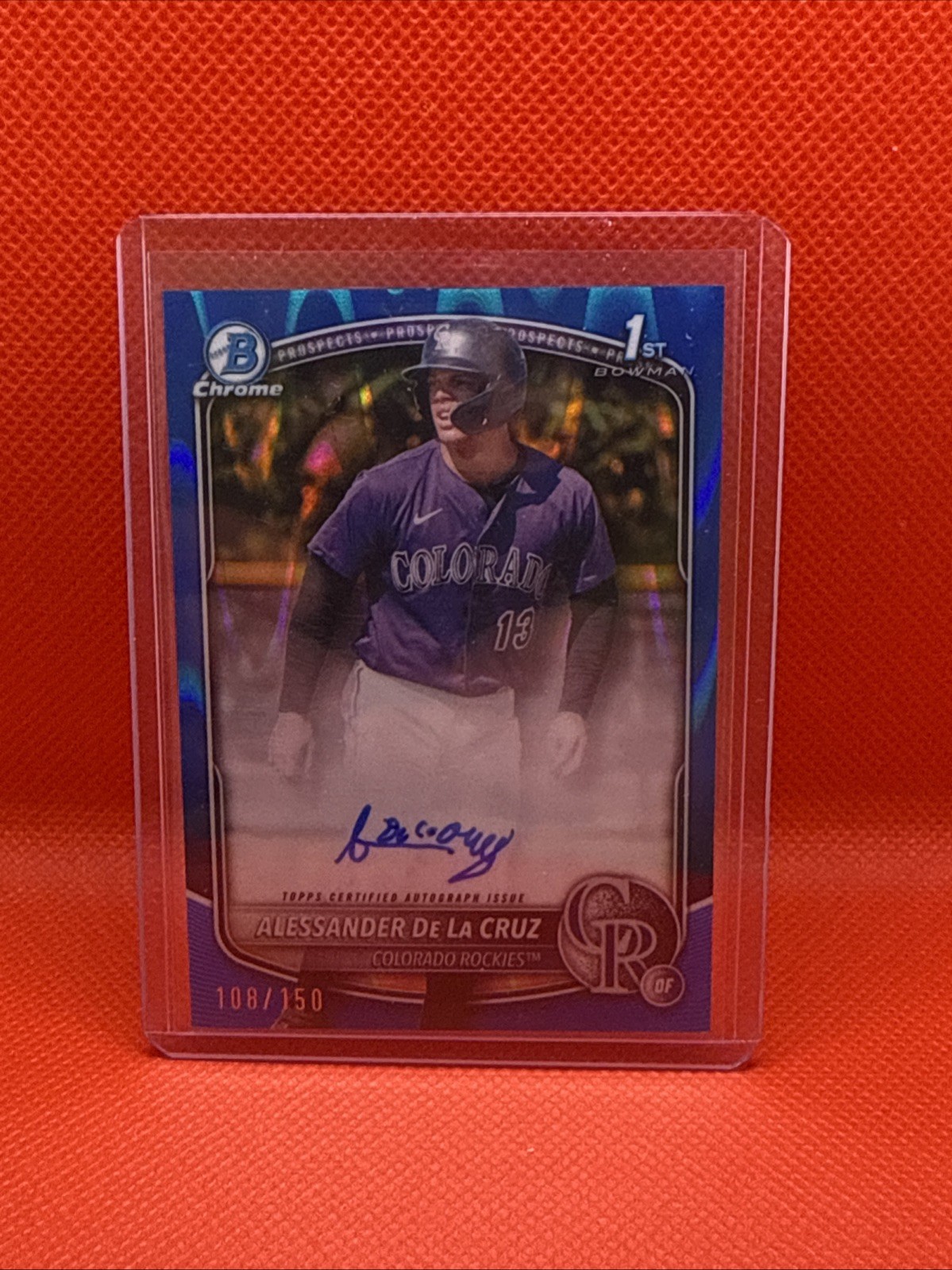 Alessander De La Cruz 2025 Bowman Chrome 1st Bowman Auto Blue RayWave /150