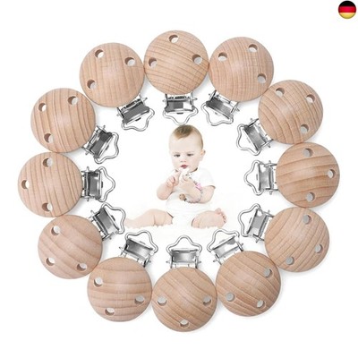 Kigniote 12 Stück Schnullerclip Holz,Baby Schnullerketten Clips Schnuller Clips 