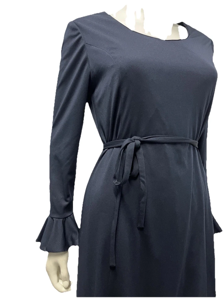 Vestido de día vintage años 70 I. MAGNIN azul marino jersey tejido volantes botones mujer M Foto 2 de 4