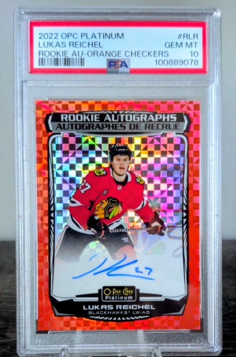 2022 OPC Platinum Lukas Reichel Orange Checkers Rookie Auto /15 PSA 10 RC POP 3