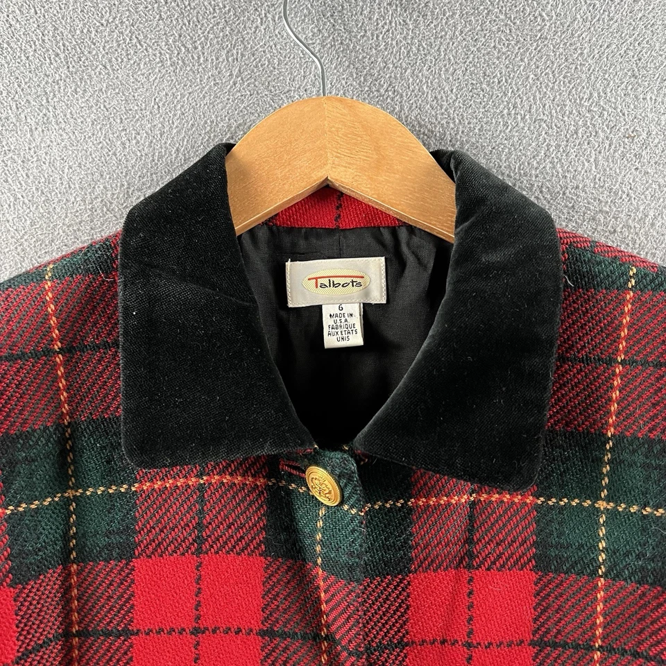 Blazer Talbots para mujer 6 rojo verde a cuadros lana terciopelo cuello botones dorados de colección EE. UU. Foto 4 de 4