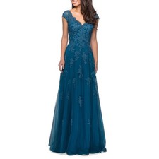 La Femme Teal Blue 26942 Embellished Tulle Lace A-Line Gown Size 12 NWT