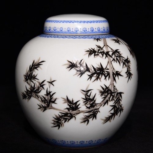 4.2" China old Qing Dynasty Qianlong Ink color Bamboo grain a pair cover pot - Picture 5 of 9