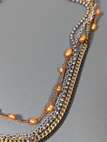 Premier Designs Two Tone Peach Brown Pearl Multi Chain Necklace 21 in Beachy - Picture 3 of 9