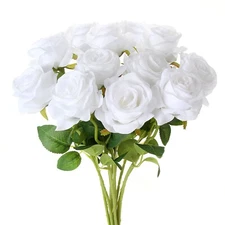 EZFLOWERY 12 Pcs Artificial Roses Flower White Silk with Single Stems Real Touch