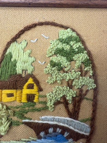 Vintage Crewel Finished Needle Work Yarn Picture Farm/Bridge/Flower Scene 8x6 - Picture 2 of 5