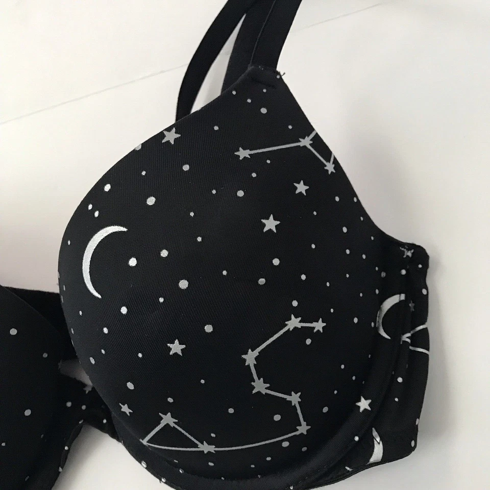 Sujetador Push Up Victoria's Secret ROSA 32B Estrellas Celestiales Plateado Hada Luna Negra Foto 4 de 4