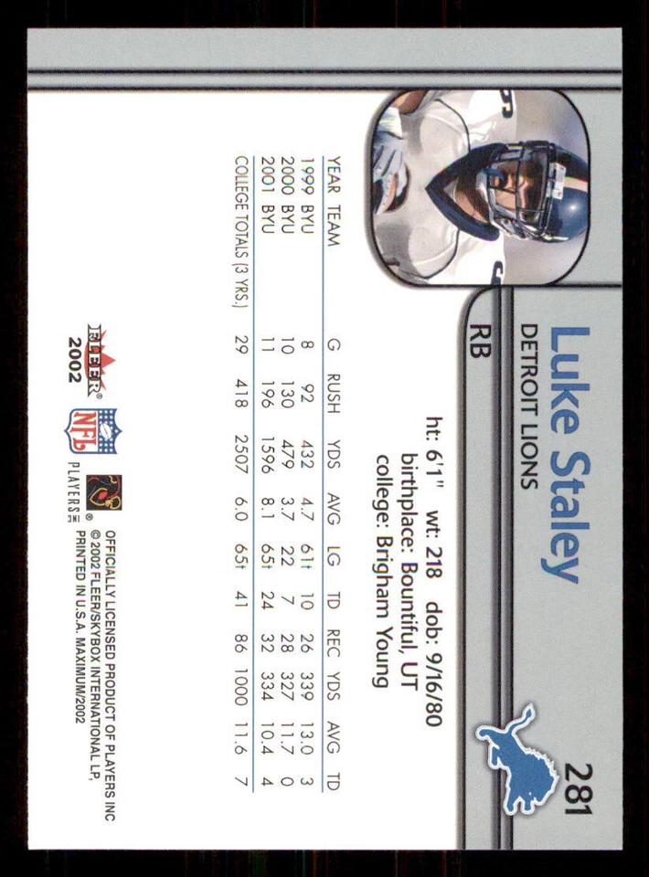 2002 Fleer Maximum #281 Luke Staley RC /3500 - Image 2 of 2