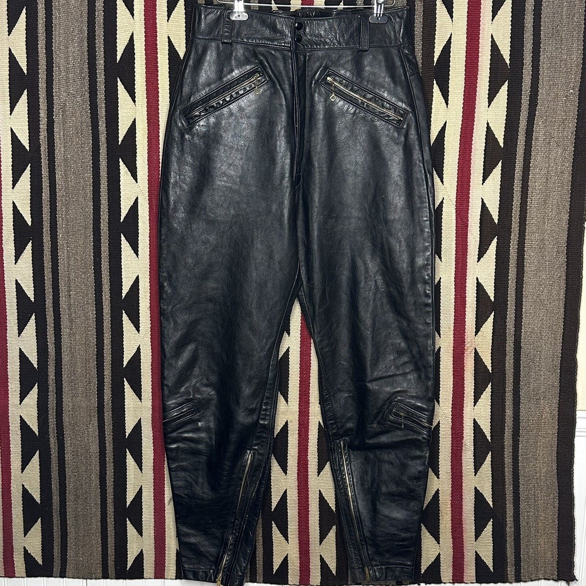 70s vintage leather pants モーターサイクル　フレア vintage 70s motorcycle Pants Leather Talon Zipper Black 34x
