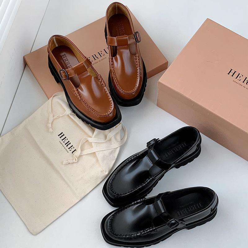 Hereu women's thick soled real leather Mary Jane round toe loafers shoes