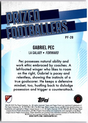Gabriel Pec 2024 Topps Finest MLS Prized Footballers #PF-20 LA Galaxy - Picture 2 of 2