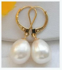 Huge AAAA 12-14mm natural South Sea Perfect white Shell pearl earring 14K