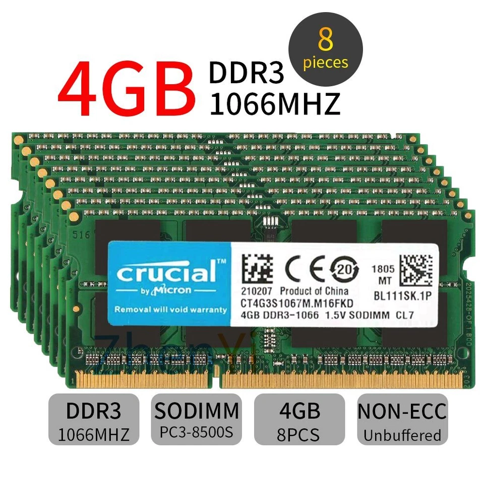 32GB 16GB 8GB 4GB PC3-8500S DDR3 1066MHz SODIMM Laptop Memory For Crucial Lot UK - Image 2 of 4