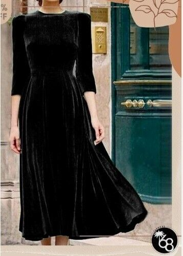Modern & Simple Black Velvet Fit & Flare Dress with 3/4 Sleeves Special Occasion