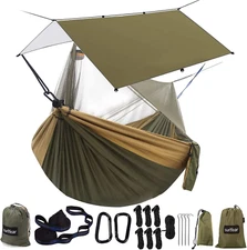 Hammock Camping with Rain Fly Tarp and Net, Portable Camping Hammock Double Tree