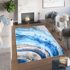Teppich Bedruckter Teppich Blau Gold Abstrakt Marmor Waschbar Rutschfest