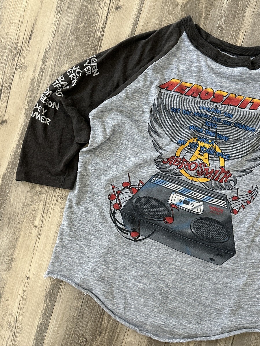 Vintage 80s Aerosmith 1986 WBCN Birthday Rock Raglan Tshirt Size S