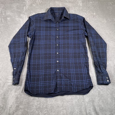Burberry London Shirt Mens 15.5 Medium Black Blue Plaid Long Sleeve Button Up UK