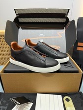 Zegna Triple Stitch Slip On Black Pebble Leather Brown Interior Men's Sneakers