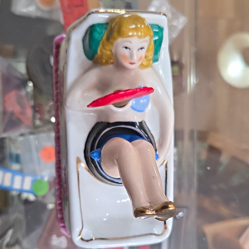 Ceramic Figural Reclining Lady Ashtray White Floral Sides Glossy Rectangle