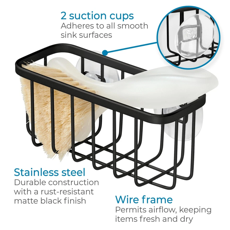 Matte Black Kitchen Sponge Holder With Suction Cups Stainless Steel Organizer - Image 3 of 4