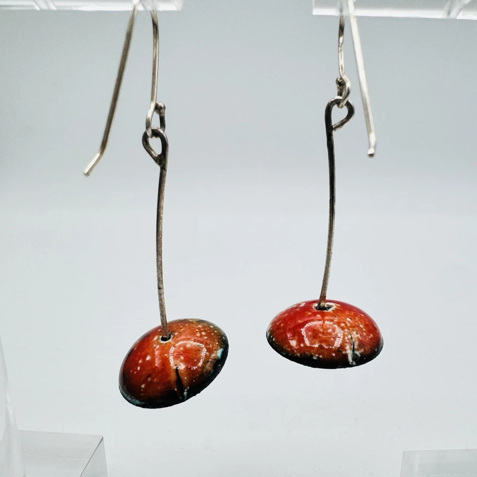 Pendientes colgantes artesanales esmaltados en cobre rojo naranja gota alambres de ley de colección modernos Foto 4 de 4