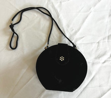 Vintage Black Velveteen Evening Bag  Lipstick Holder   Braided Cord Strap   Prom
