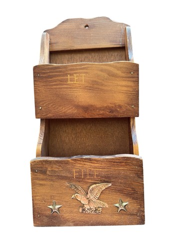 Vintage Wooden Letter & File Holder With Brass Eagle