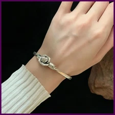 Rose Retro 925 Sterling Silver Cuff Bangle Vintage Flower Women Jewelry Bracelet