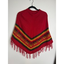Vintage 70s Knit Poncho Cape Red Fair Isle Boho Fringe Sweater