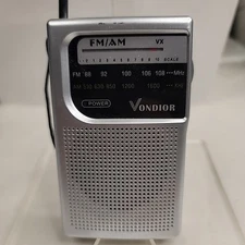 Vintage VONDIOR AM/FM 2 Band Pocket Transistor Radio w/Hand Strap Silver Tested