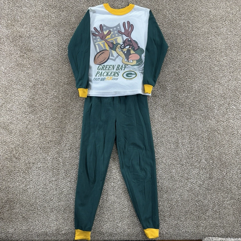 Vintage Wormser Pajamas Looney Tunes Taz Devil Green Bay Packers Kids Size 12 - Image 2 of 4