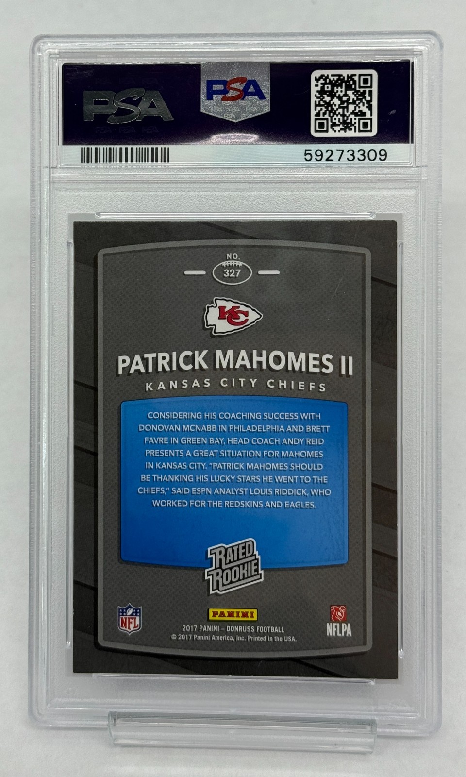 2017 Panini Donruss #327 Patrick Mahomes Rated Rookie PSA 8 NM-MT view 2