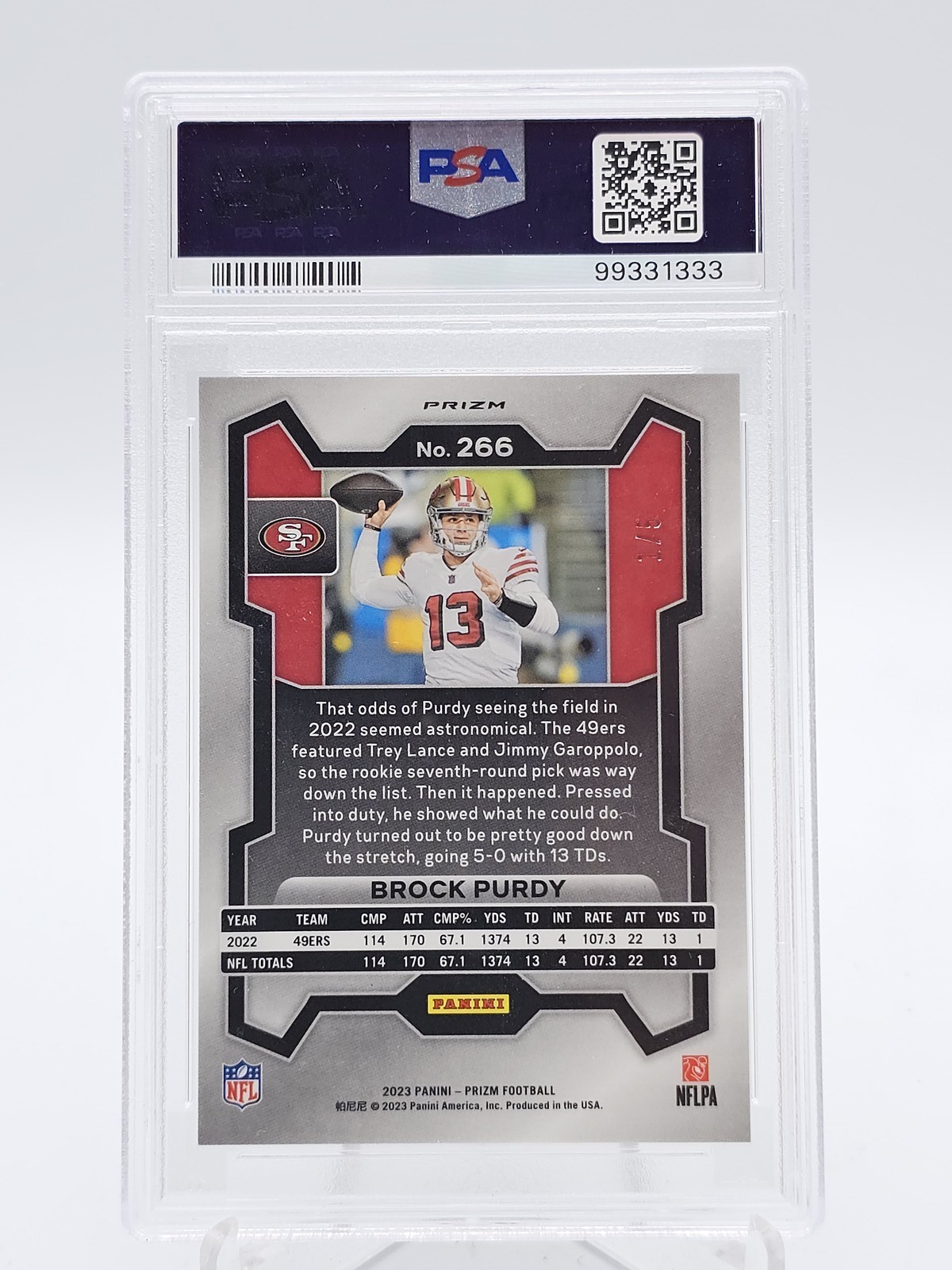 BROCK PURDY 2023 PRIZM GOLD VINYL 1/5#266 49ERS PSA 9 Q1729 view 2