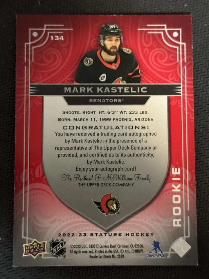 2022-23 UD Stature Hockey Mark Kastelic Rookie Red Refractor auto /35 BJWLS - Image 2 of 2