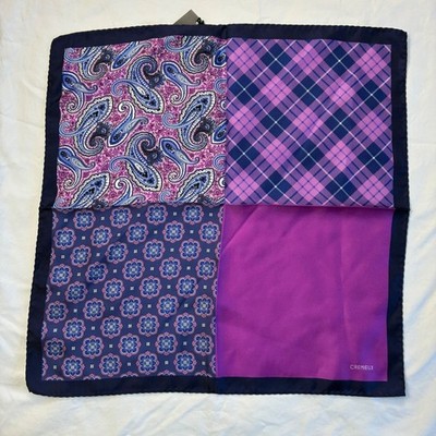 Cremieux Mens Purple Multi Pattern 100% Silk Pocket Square Paisley Plaid NWT