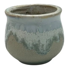 Hand Crafted Drip Glaze Miniature Herb Planter Vase Tan / Gray with Blue 2"