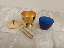 Vintage Gold Salt Cellar Tongs William Adams W.A. Italy Blue Cobalt Glass Insert