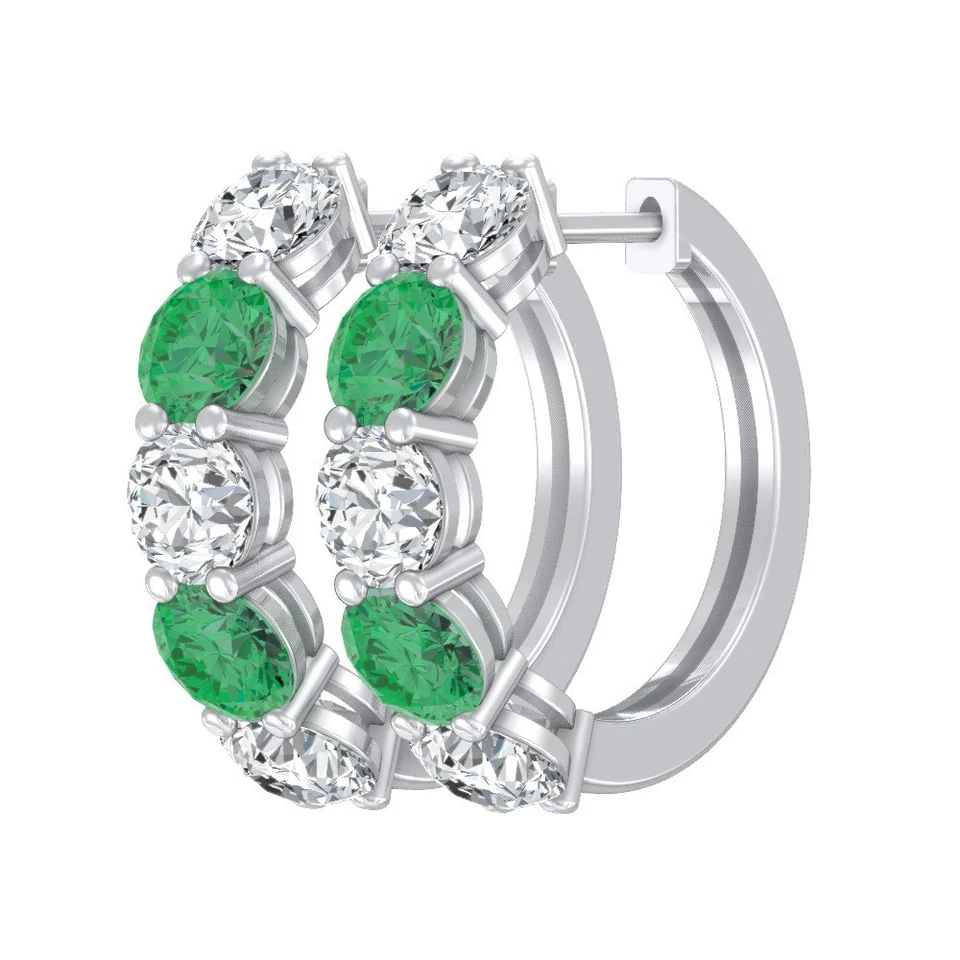 Natural Emerald & Lab Grown Diamond Hoop Earrings 10K White Gold 1.81gm - Image 2 of 4