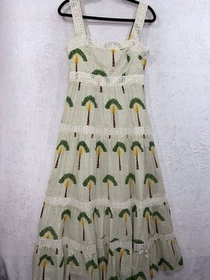 Calypso St Barth Palm Tree Crochet Tier Smocked Dress M Maxi Ruffle Tropical NEW