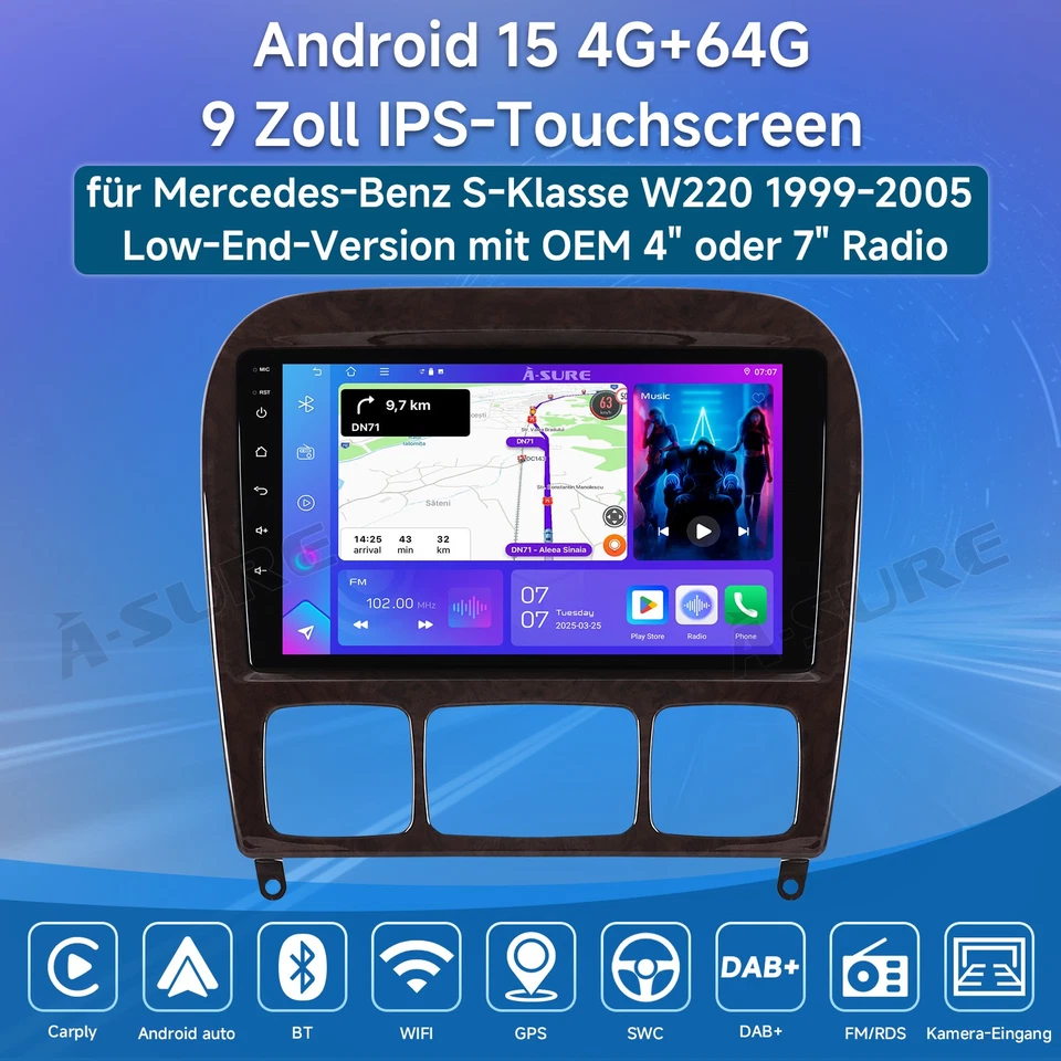 4+64GB For Mercedes Benz S500 W220 1998-2005 Android 15 Car Stereo Radio CarPlay - Image 2 of 4