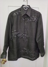 Barong Tagalog Filipino EN Black Casual Formal L/S Pullover Dress Shirt Men's M