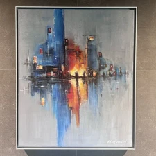 Modern Abstract Cityscape Original Painting on Canvas by M Katsnelson 20”x24”